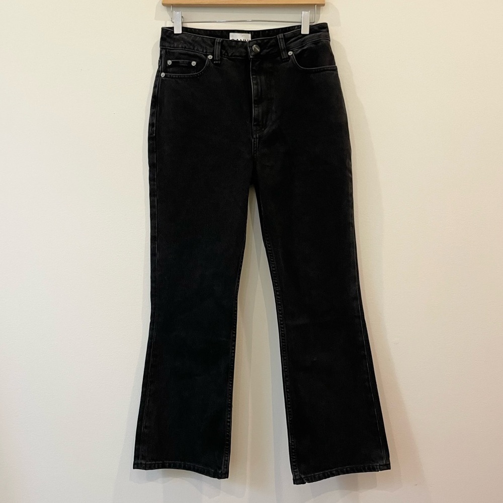 GANNI Betzy Cropped Slim Flare High Rise Washed Black Size 28/32 Organic Cotton